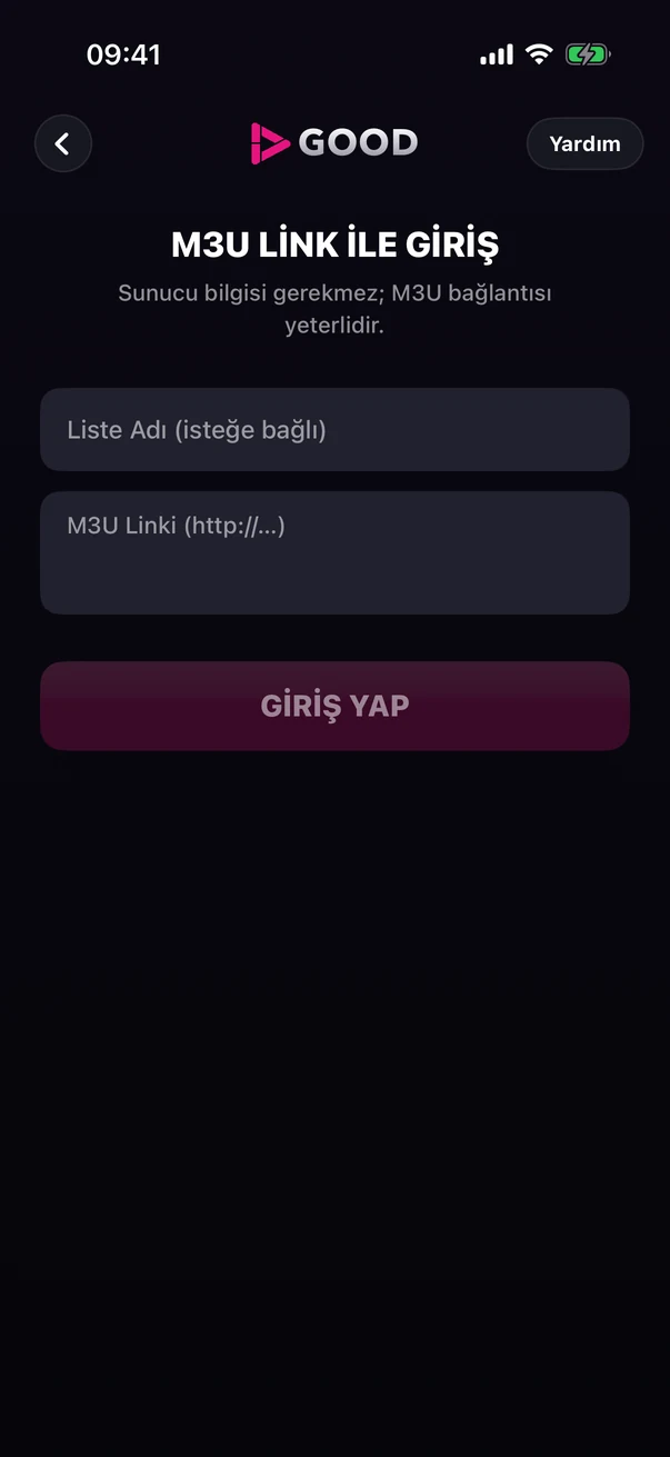 M3U Link ile Giriş ekranı: liste adı ve M3U bağlantısı alanları