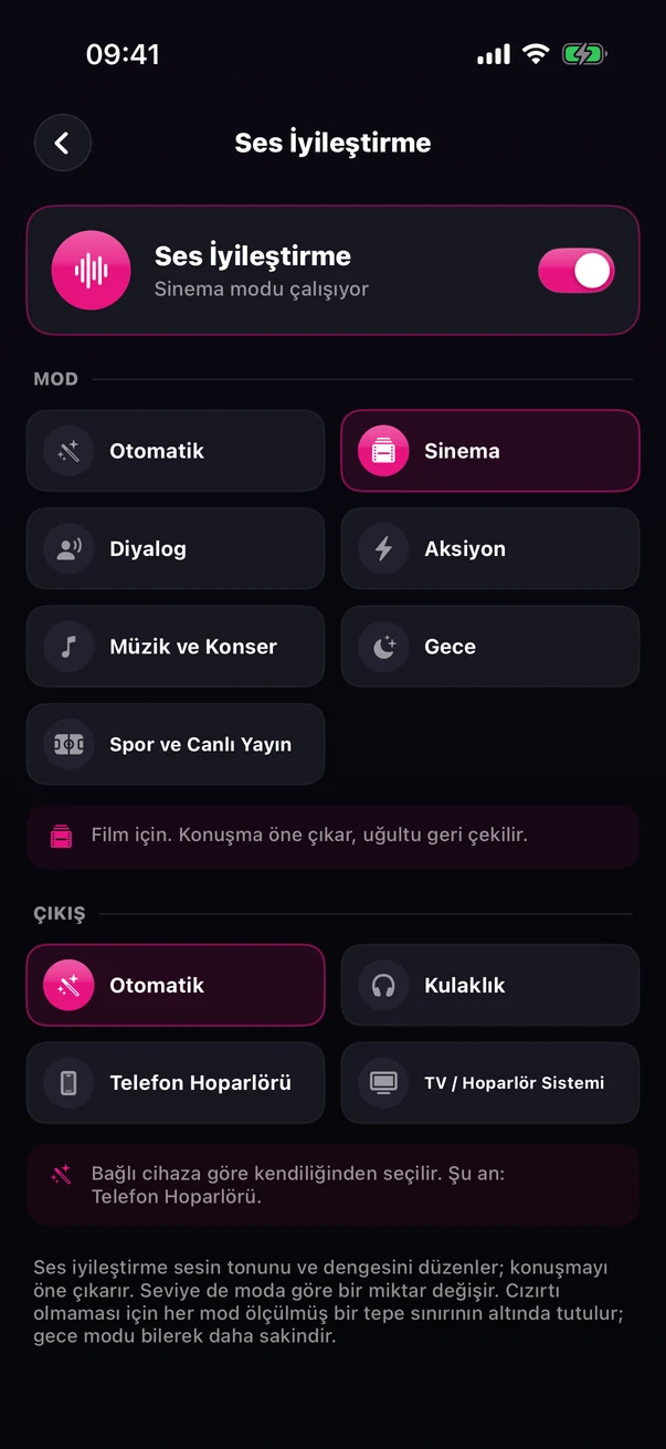 Ses İyileştirme ekranı — MOD ve ÇIKIŞ seçenekleri