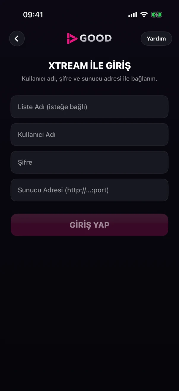 Xtream ile Giriş ekranı: sunucu adresi, kullanıcı adı ve şifre alanları